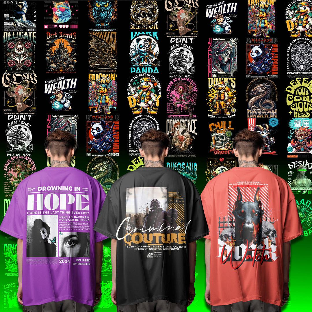 Get 100+ original T-shirt print designs in one organized digital pack