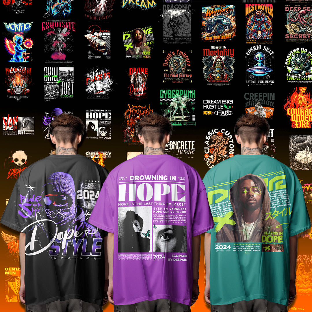 Get 100+ original T-shirt print designs in one organized digital pack