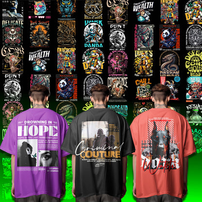 Get 100+ original T-shirt print designs in one organized digital pack